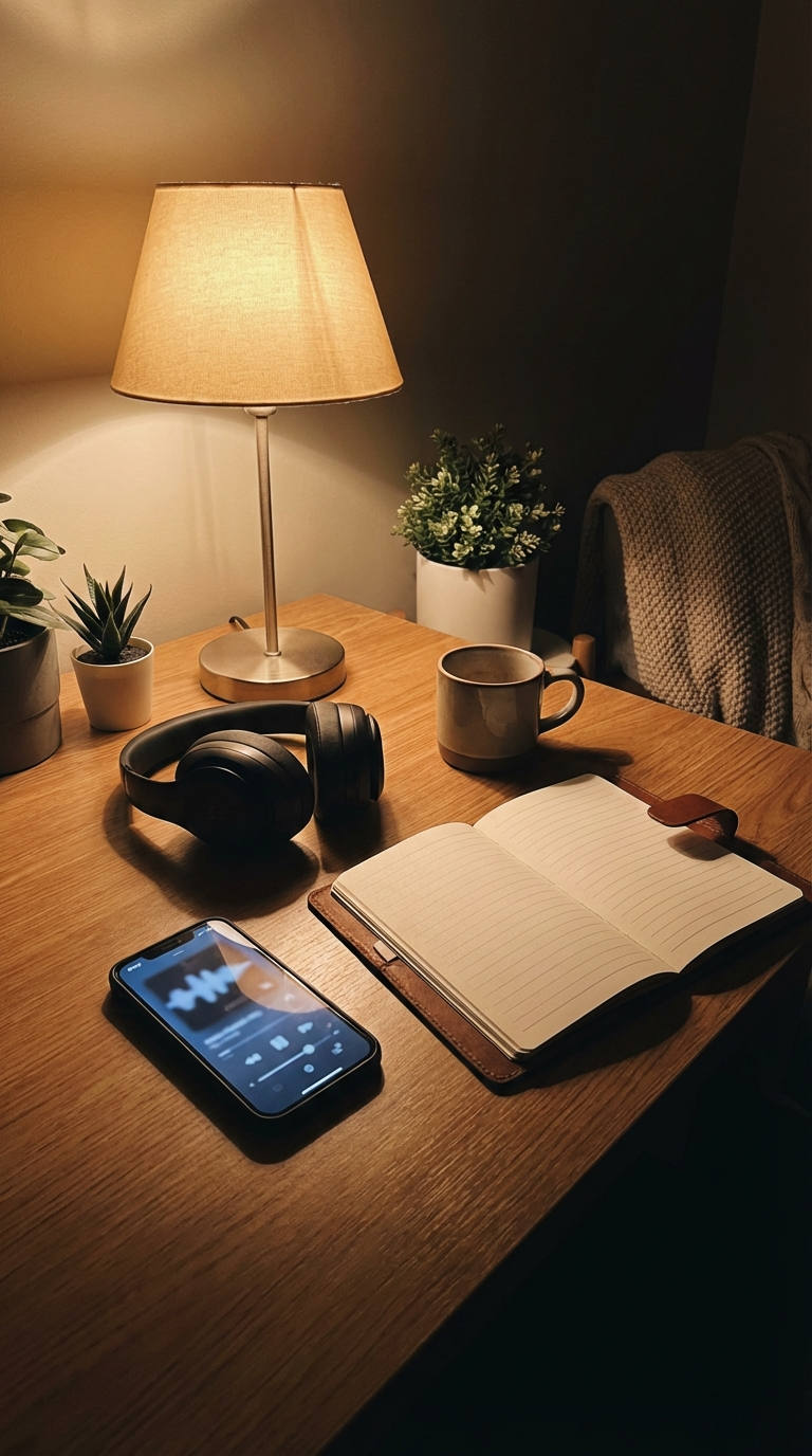 A minimal Notion-style audiobook dashboard with cover art, progress bars, and narrator notes