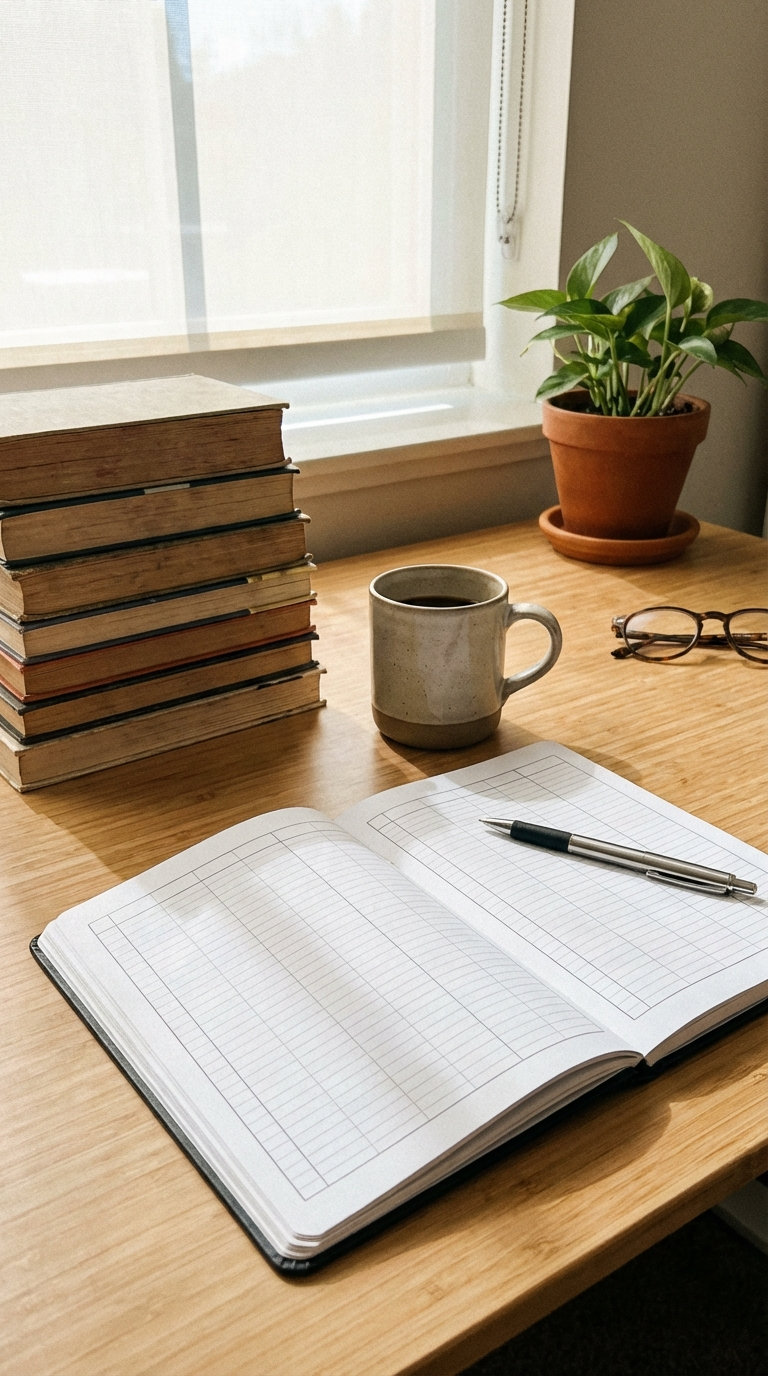 A cozy desk with a stack of books, a coffee, and a notebook showing a simple budget table
