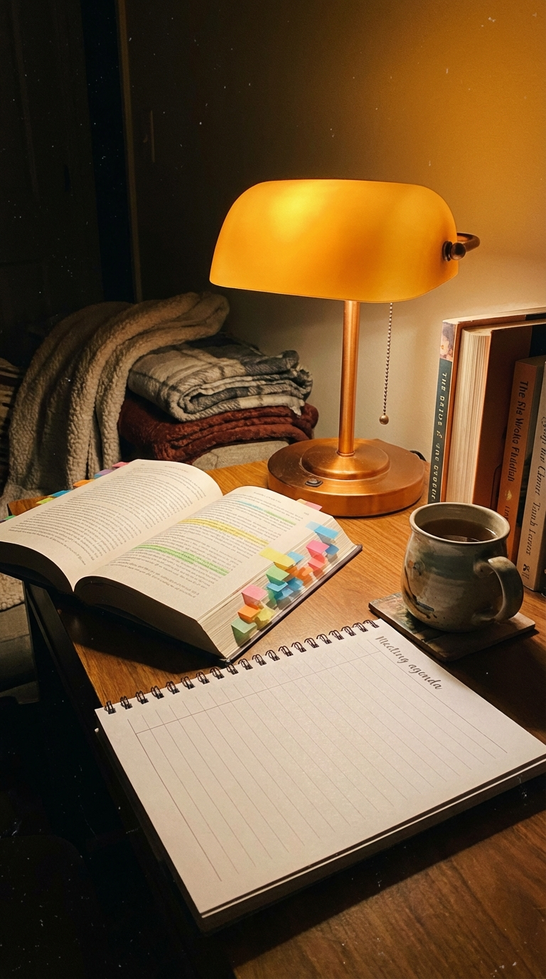 Cozy book club planning desk with an open book, sticky tabs, and meeting notes vibe