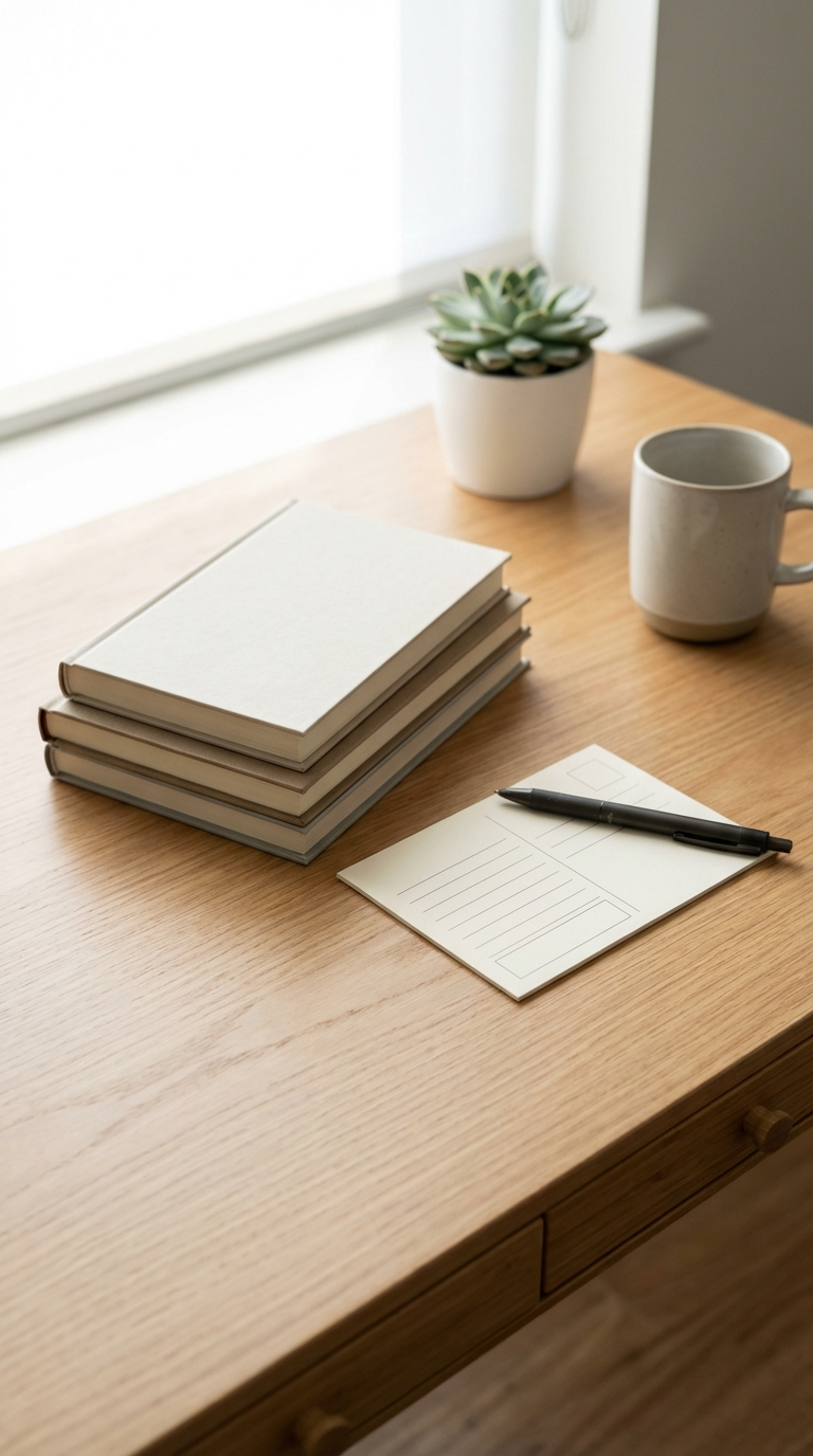 A cozy home library shelf with a notebook open for tracking lent books