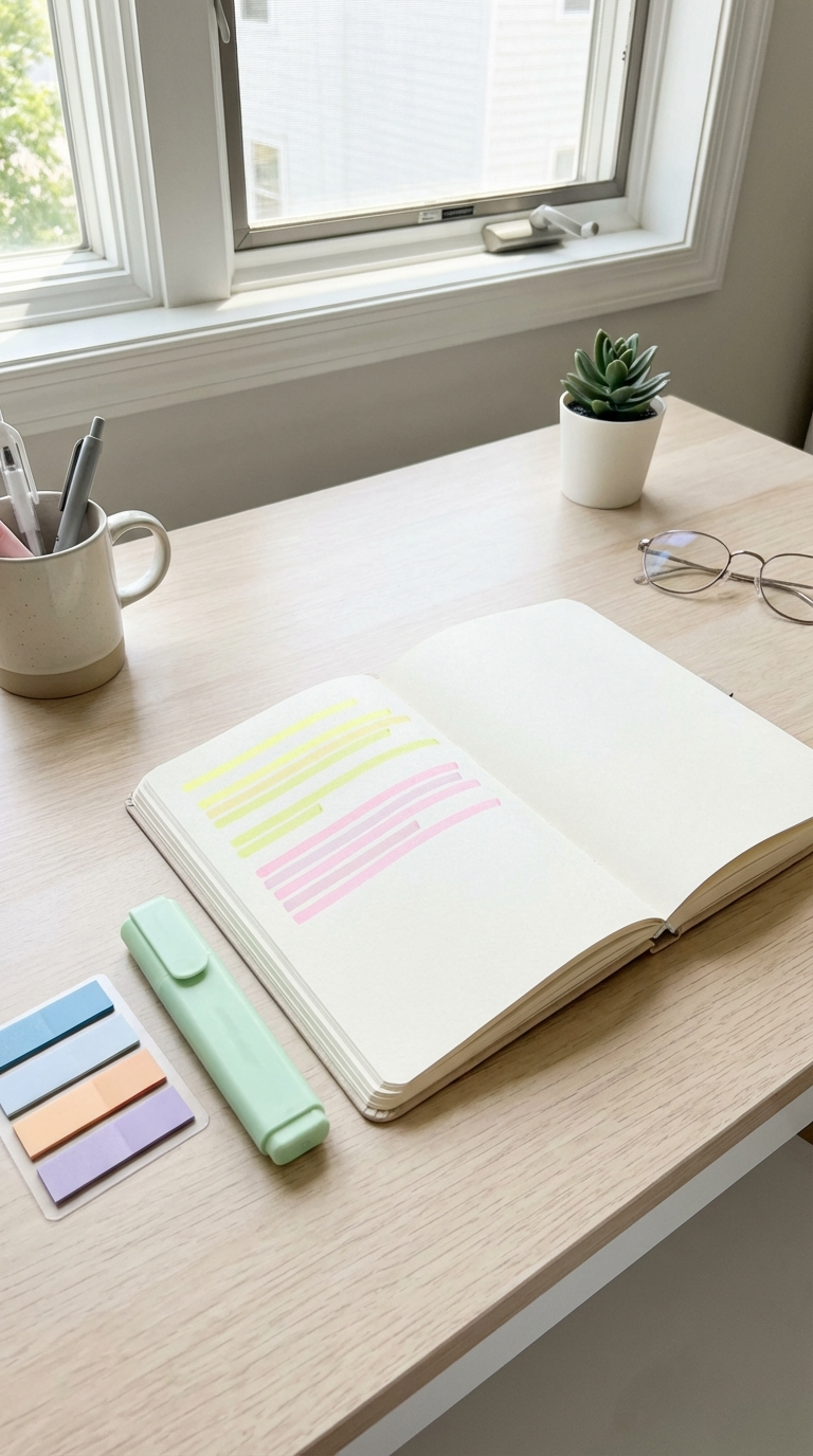 Cozy reading journal vibe with an open book and highlighted lines