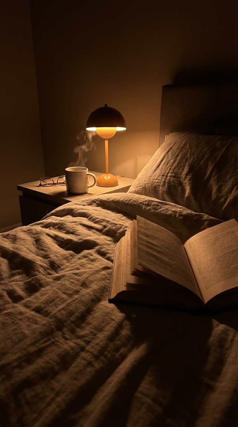 A cozy night reading setup with tea, warm lights, and an open book