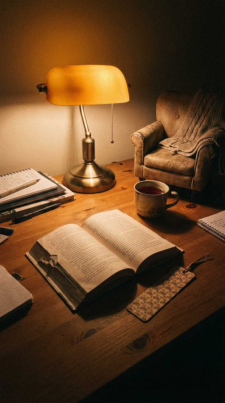 Cozy desk with an open book, a bookmark set aside, and a simple Notion-style tracker vibe