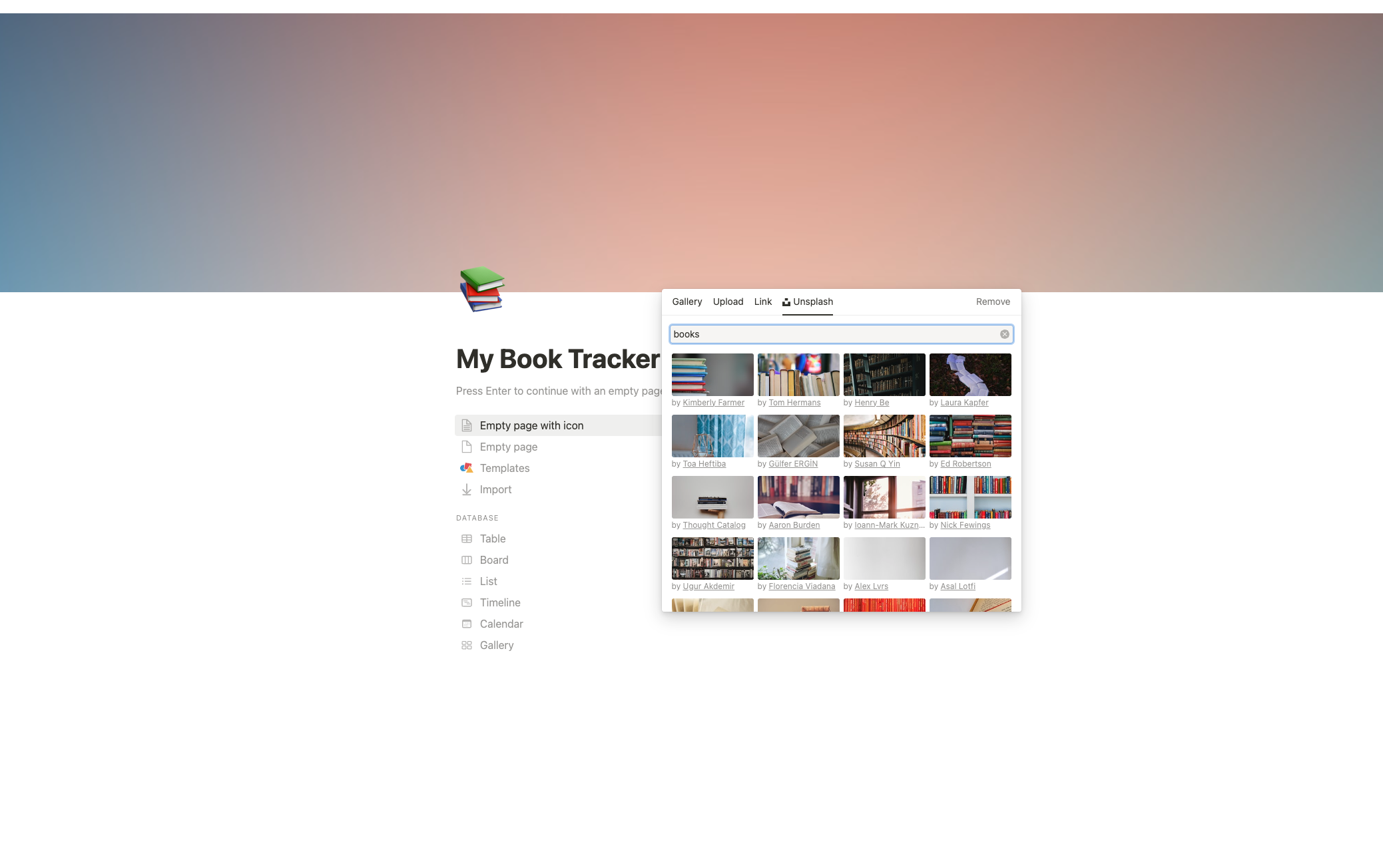 Our empty Notion page that we will use to build the book tracker