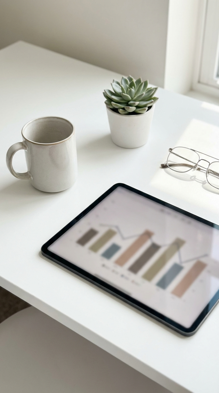 Minimal reading stats dashboard vibe with charts and cozy coffee