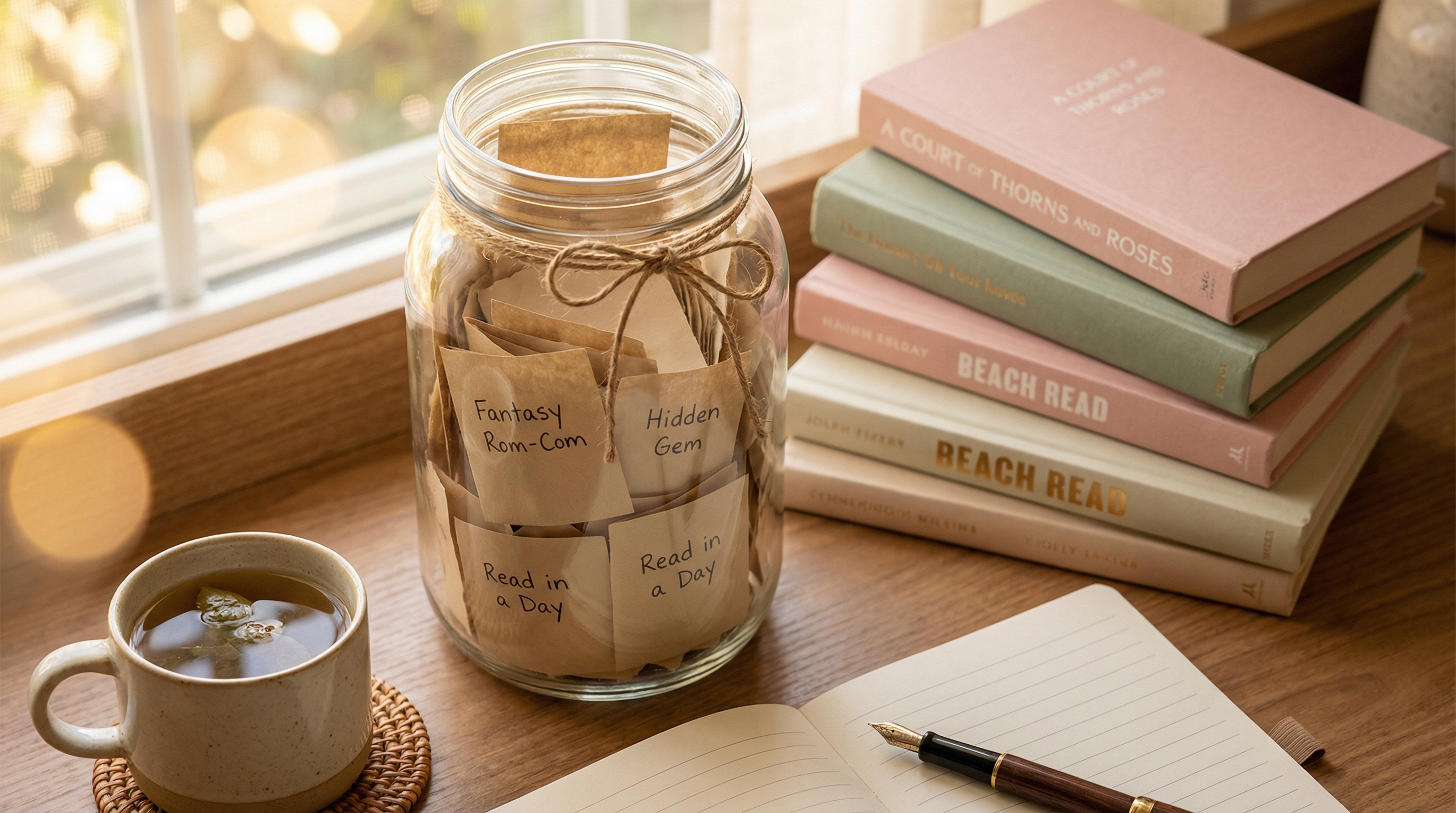 A cozy “TBR jar” desk setup with books and reading prompts