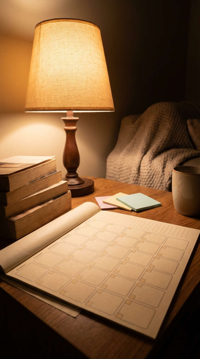 A yearly reading challenge layout with cozy planner, books, and progress milestones