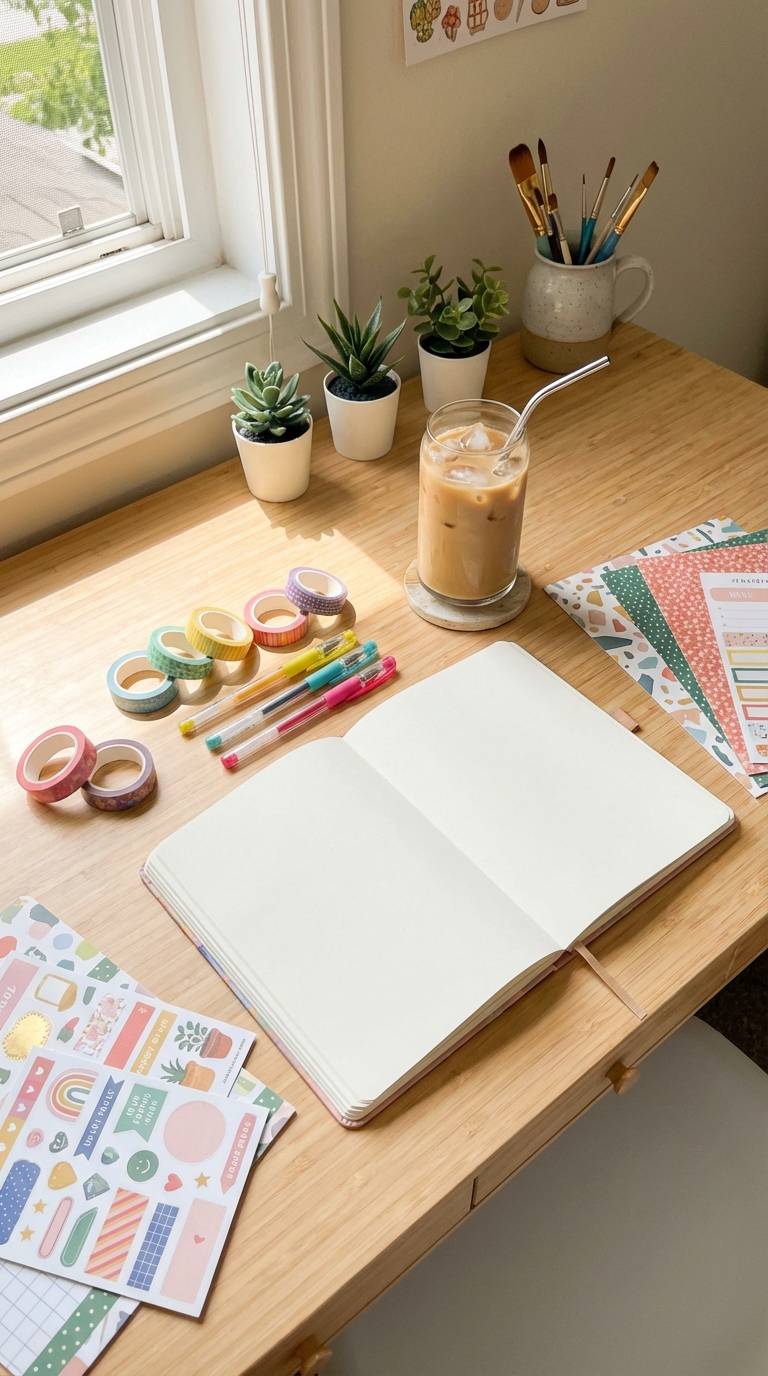 A cozy reading journal scene with sticky tabs, tea, and a Notion-style notes vibe