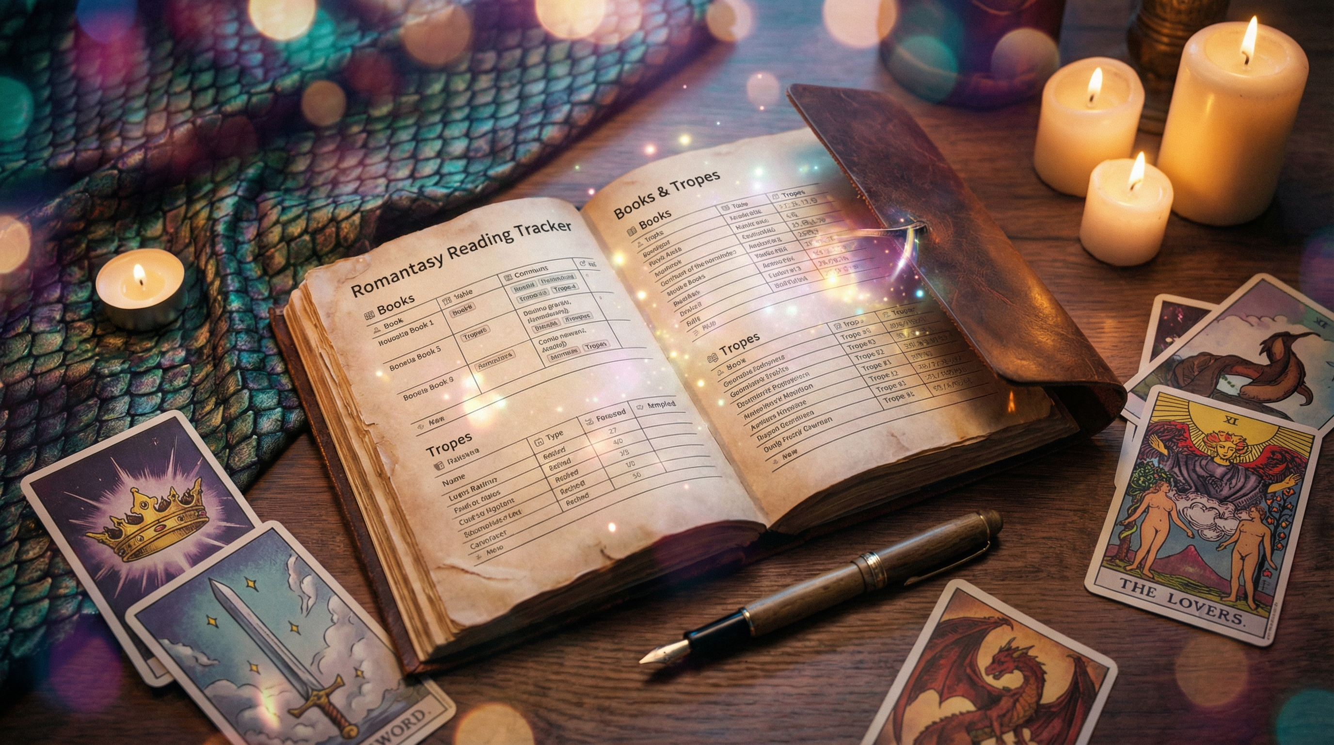 Romantasy tracker vibe: journal, trope cards, and a magical reading setup