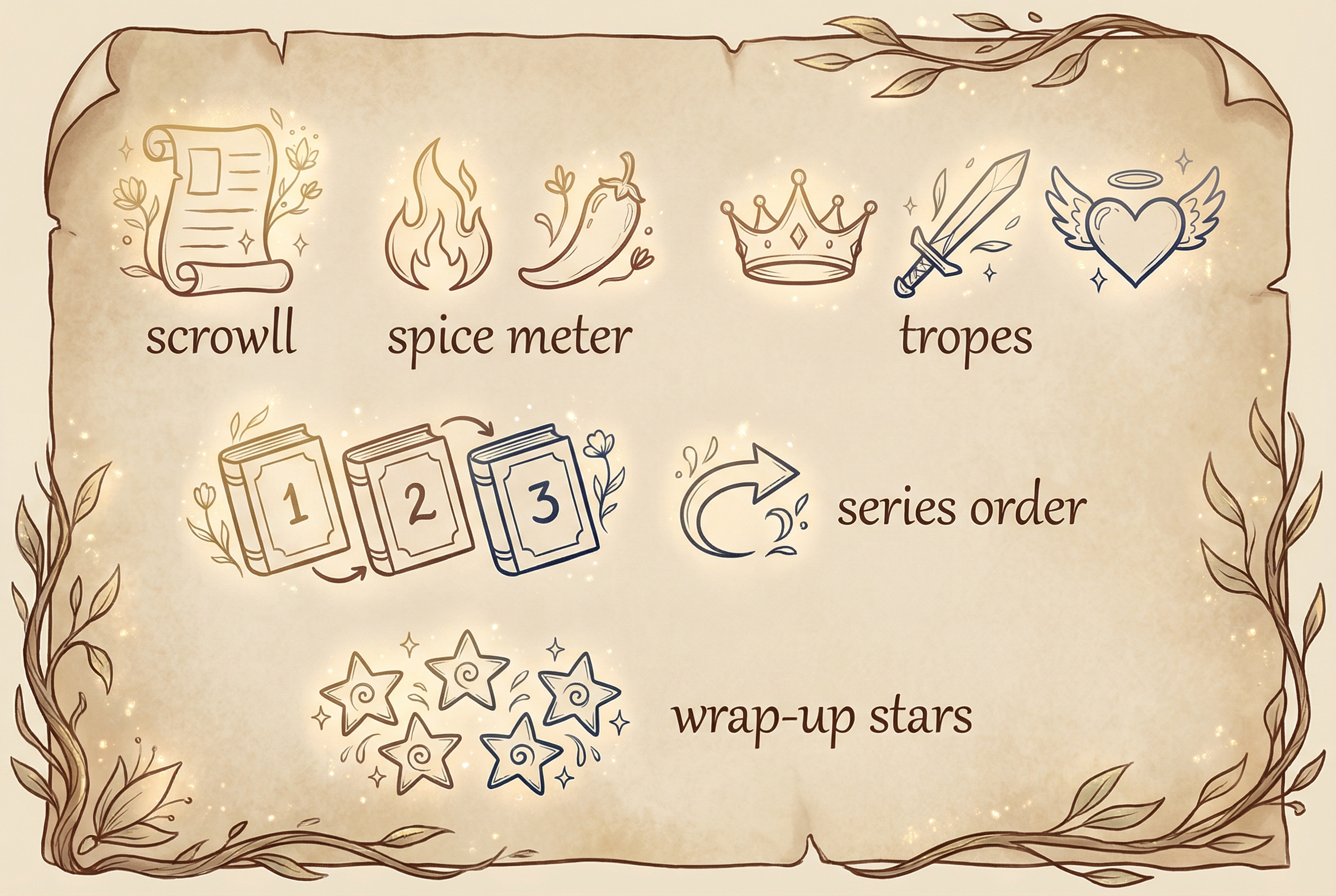 Romantasy tracker sections: spice, tropes, series order, and wrap-up