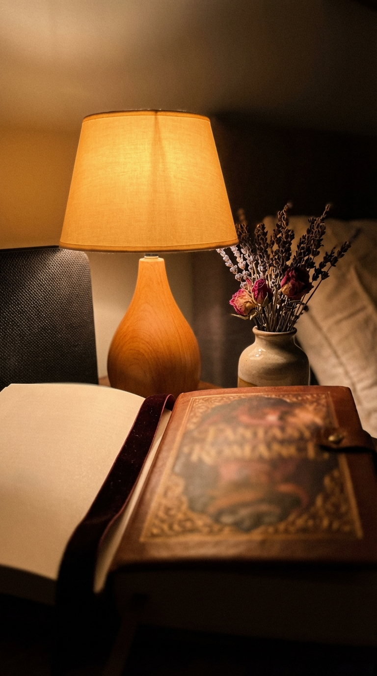 A romantasy mood board with trope cards, fantasy map details, and stacked books