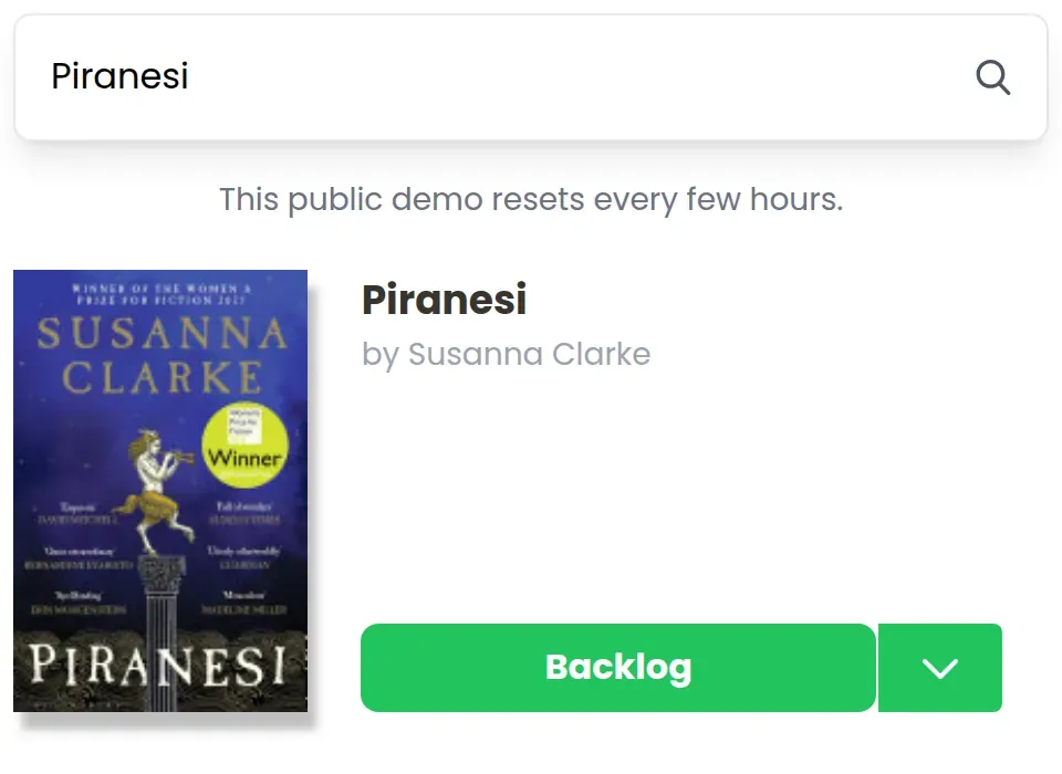 Public demo search for Piranesi, with the cover, author, and description filled in
