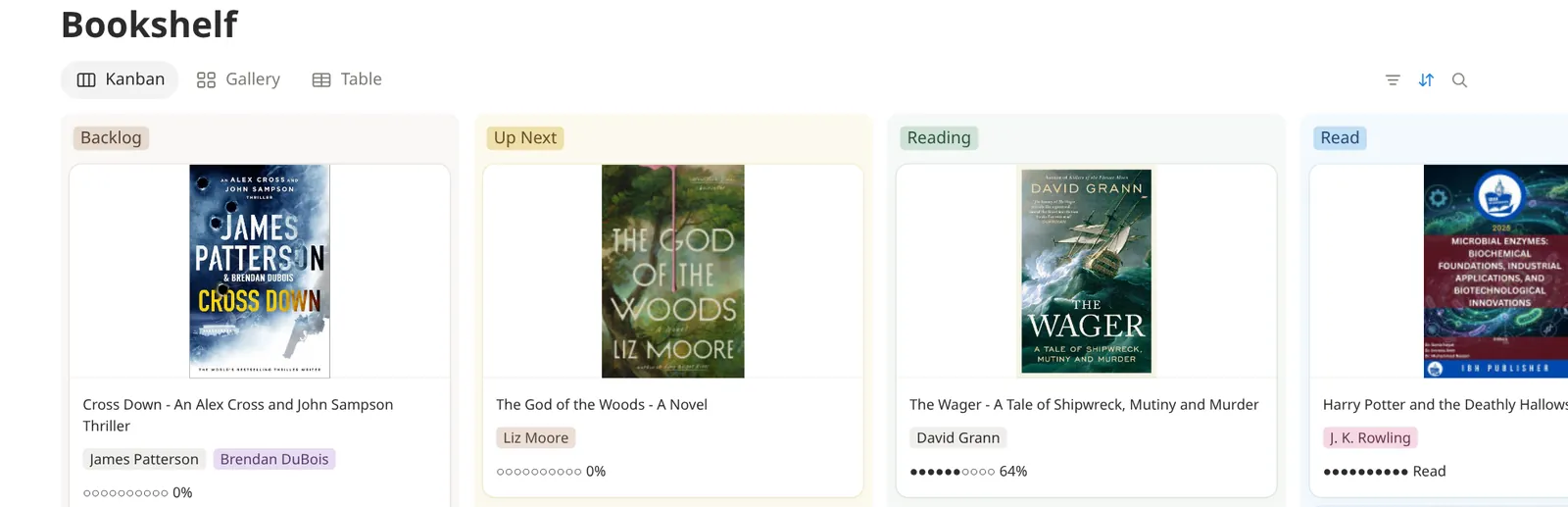 Public NotionReads demo shelf in Notion, with book covers on the Bookshelf database