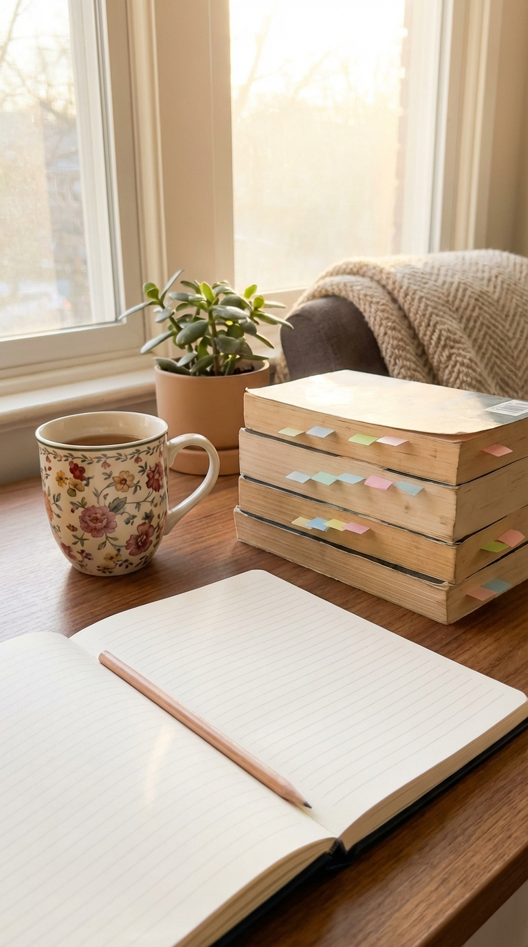 Spring-themed reading reset checklist with pastel tabs, a TBR stack, and a Notion-style tracker